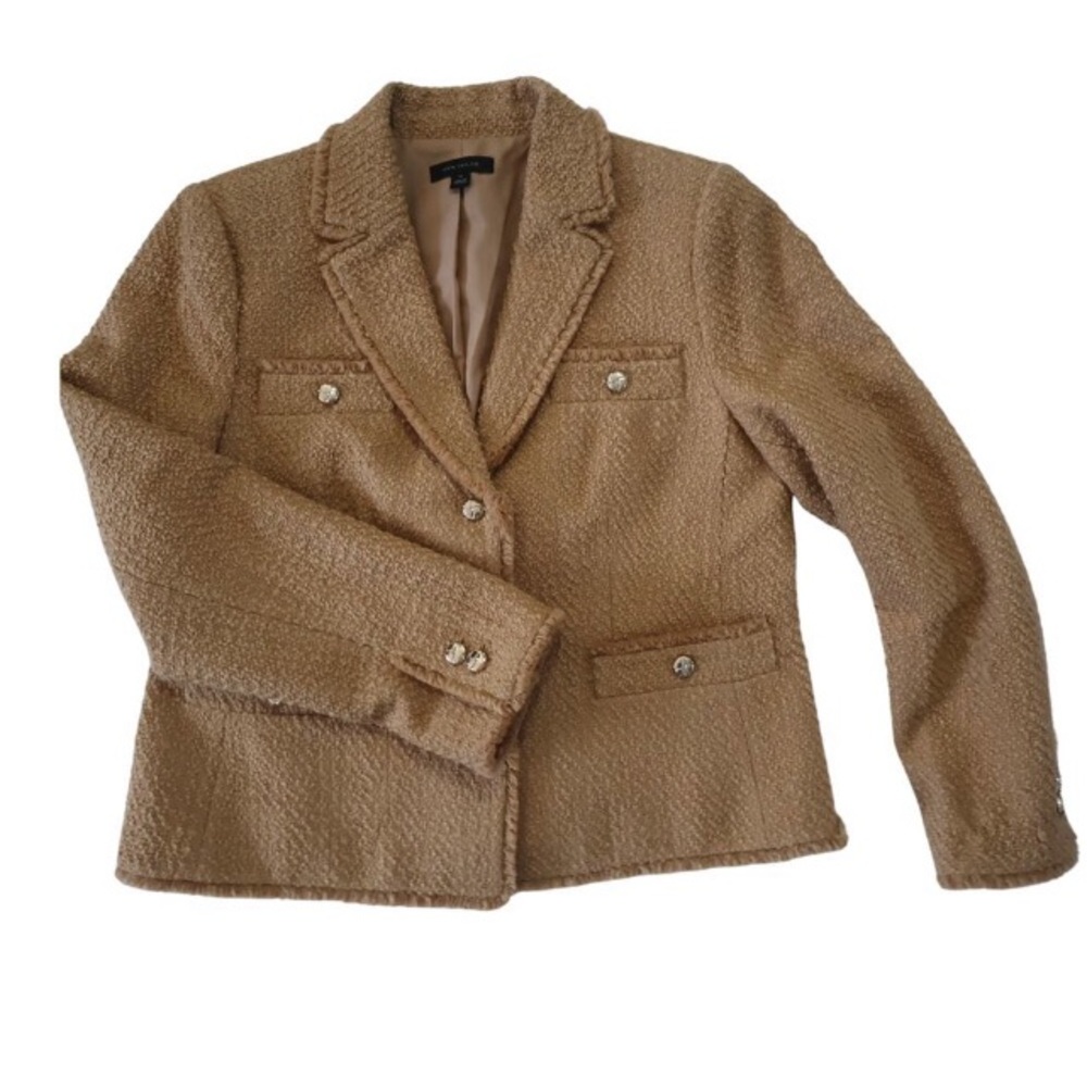 Ann Taylor Caramel Tweed Blazer Single Breasted Gold Buttons Wool-Blend Sz 14